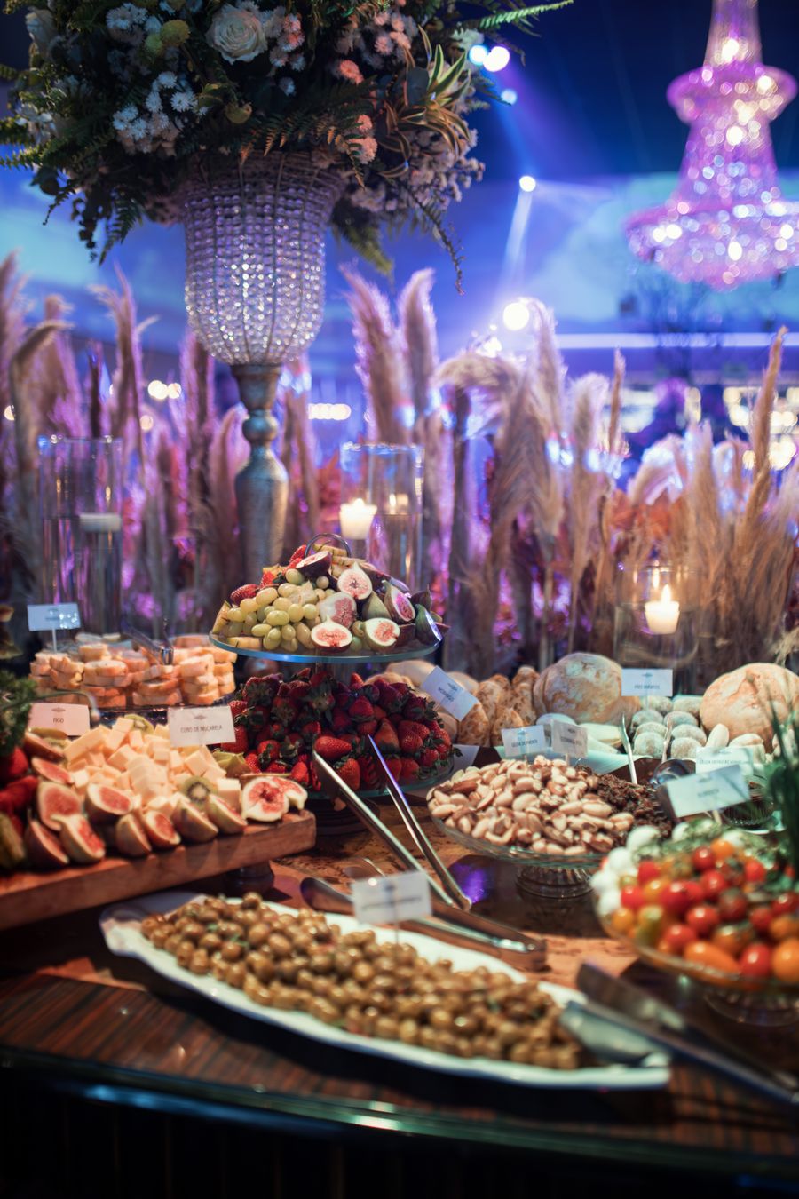 Decorated engagement and reception event venue with catering setup