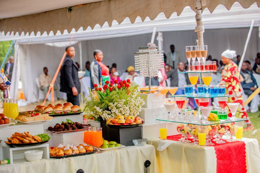 Outdoor garden catering setup with open-air dining tables